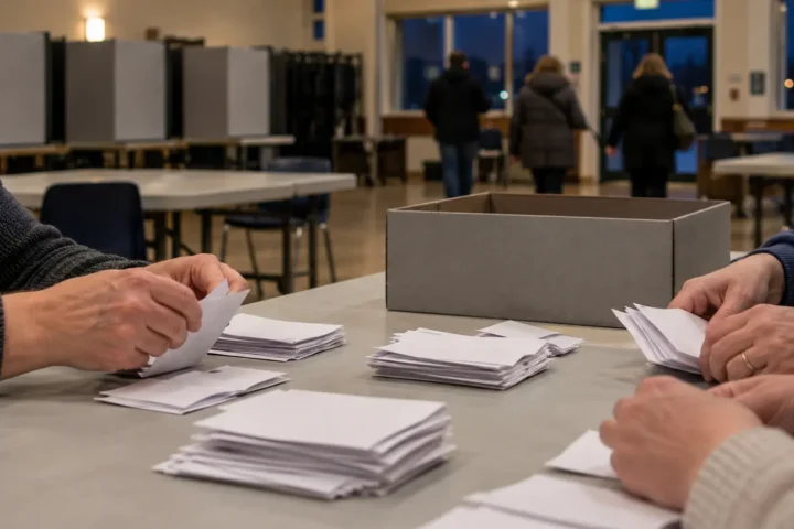 Mains de scrutateurs triant à la main des bulletins de vote près d'une urne sans emblème, dans un bureau de vote en fin de soirée