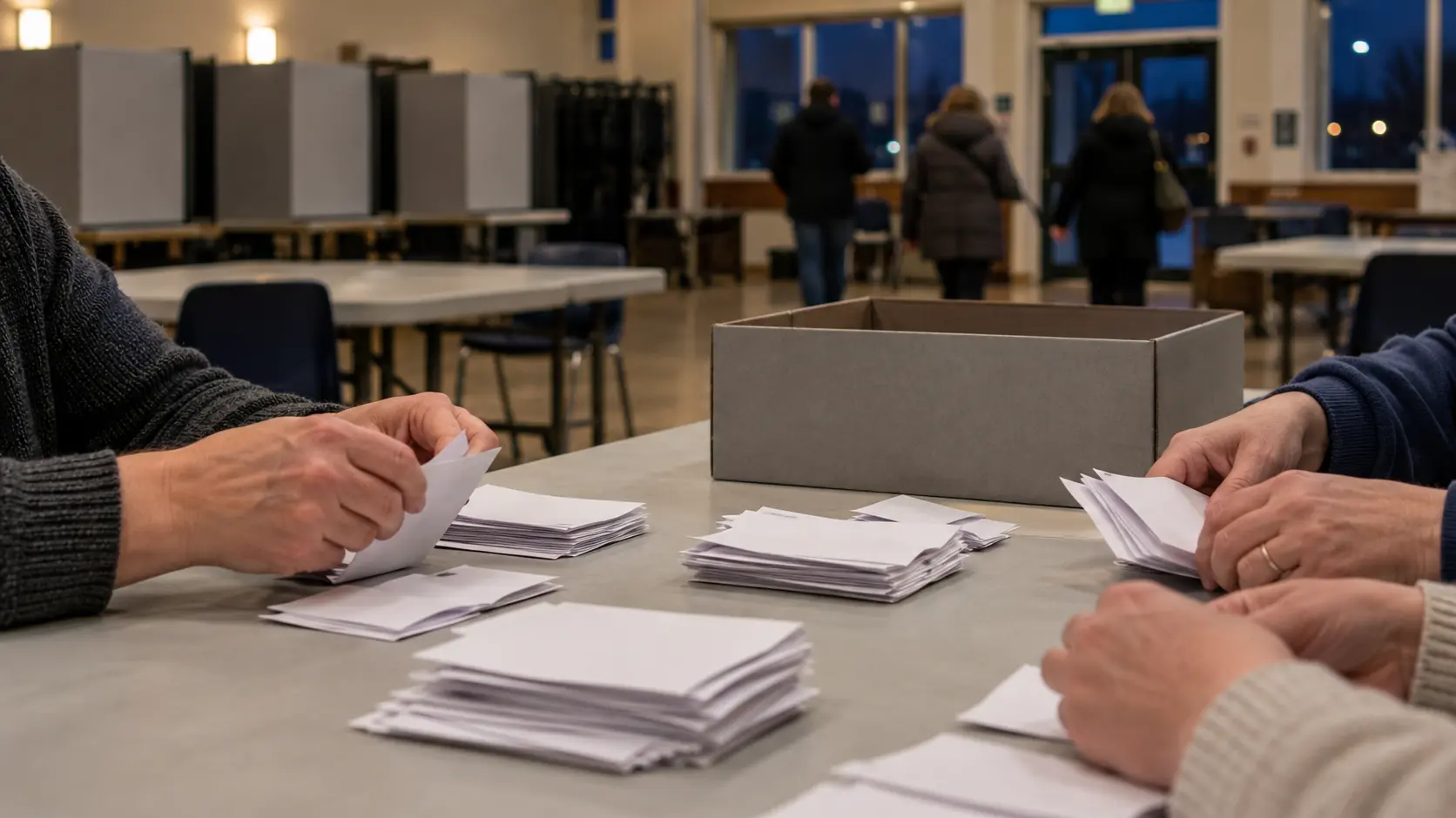 Mains de scrutateurs triant à la main des bulletins de vote près d'une urne sans emblème, dans un bureau de vote en fin de soirée