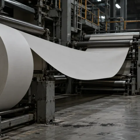 Rotative de presse à l'arrêt, ruban de papier journal vierge tendu entre les rouleaux