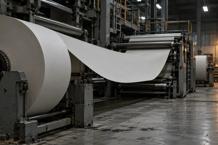 Rotative de presse à l'arrêt, ruban de papier journal vierge tendu entre les rouleaux
