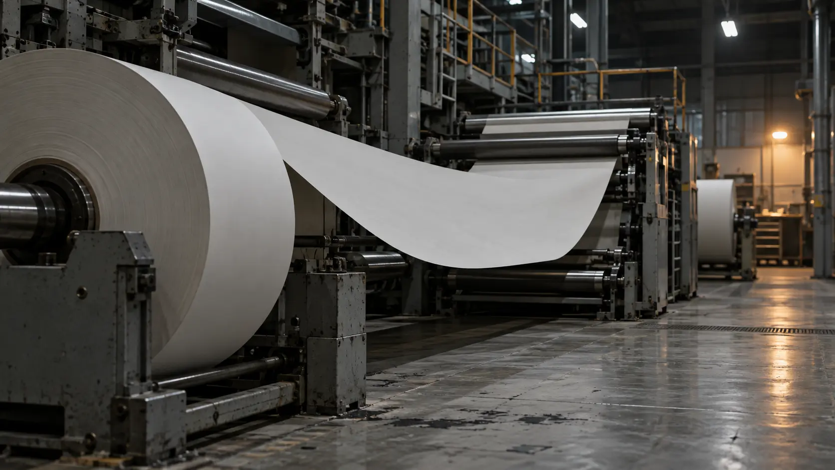 Rotative de presse à l'arrêt, ruban de papier journal vierge tendu entre les rouleaux