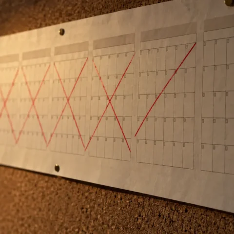 Calendrier mural dont plusieurs mois sont barrés d'une ligne rouge interrompue