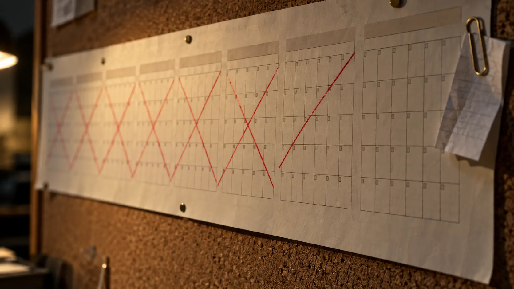 Calendrier mural dont plusieurs mois sont barrés d'une ligne rouge interrompue