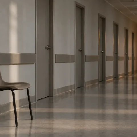 Corridor aux portes grises fermées, la dernière entrouverte sur une lumière chaude, une chaise vide au premier plan