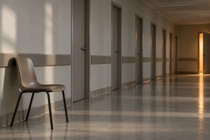 Corridor aux portes grises fermées, la dernière entrouverte sur une lumière chaude, une chaise vide au premier plan