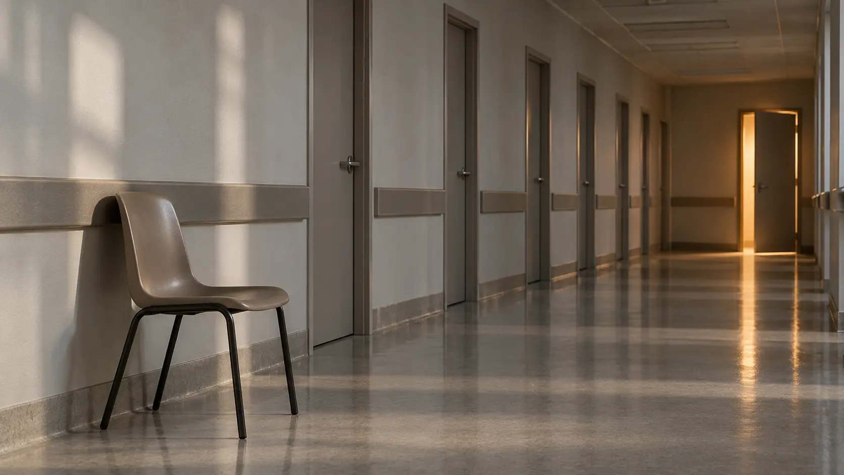 Corridor aux portes grises fermées, la dernière entrouverte sur une lumière chaude, une chaise vide au premier plan