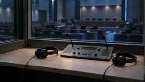 Casques posés dans une cabine d’interprétation éteinte, face à une salle d’audience internationale vide