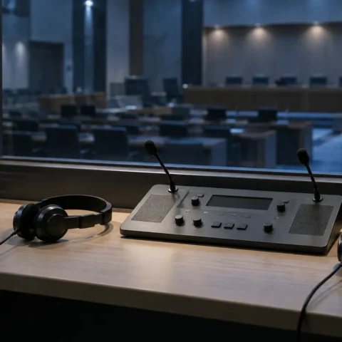Casques posés dans une cabine d’interprétation éteinte, face à une salle d’audience internationale vide