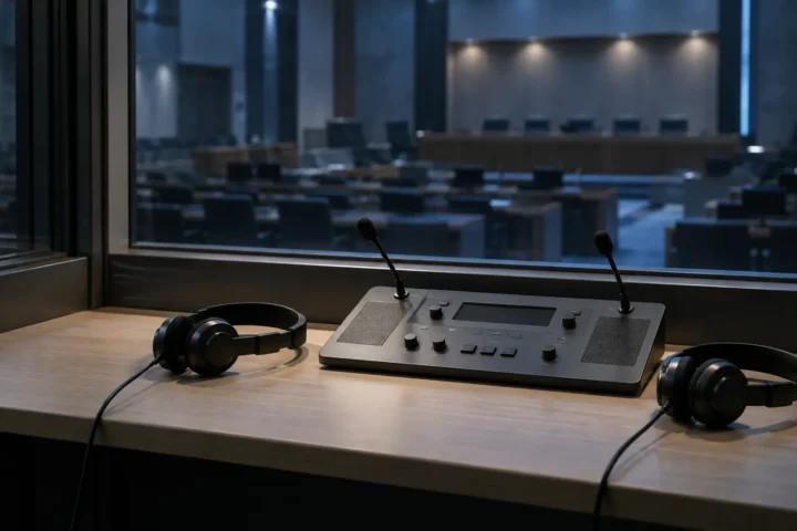Casques posés dans une cabine d’interprétation éteinte, face à une salle d’audience internationale vide