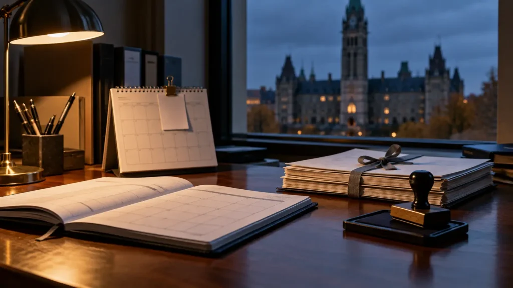 Bureau avec calendrier ouvert, documents liés et tampon encreur inutilisé au crépuscule