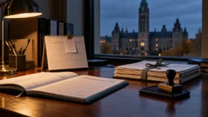 Bureau avec calendrier ouvert, documents liés et tampon encreur inutilisé au crépuscule