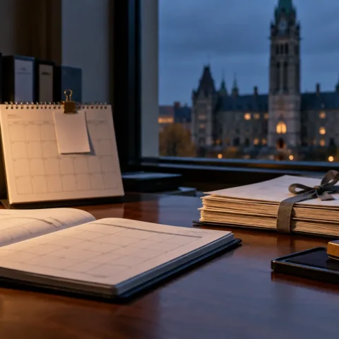 Bureau avec calendrier ouvert, documents liés et tampon encreur inutilisé au crépuscule