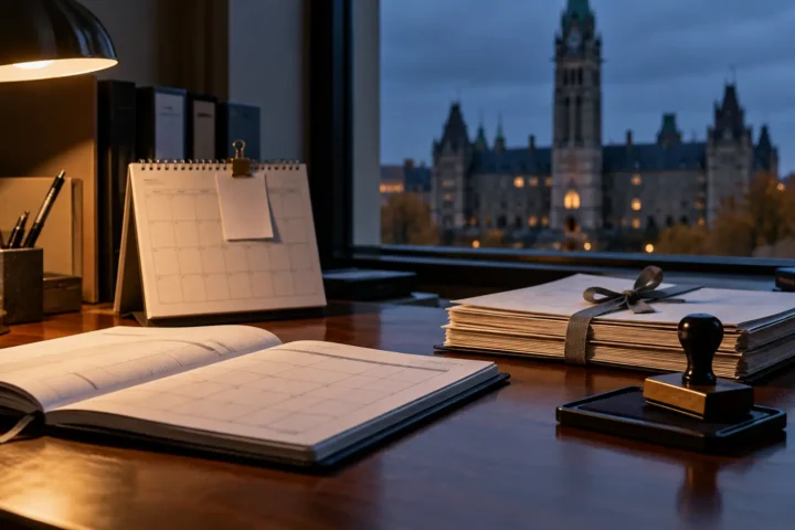 Bureau avec calendrier ouvert, documents liés et tampon encreur inutilisé au crépuscule