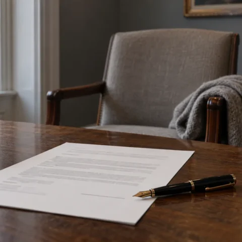 Document non signé et stylo sur une table de bureau, face à un fauteuil vide où reposent un gilet de laine et une canne.