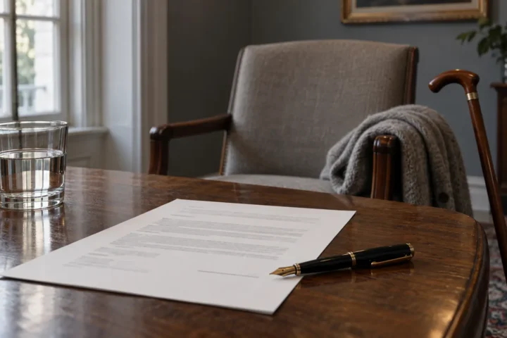 Document non signé et stylo sur une table de bureau, face à un fauteuil vide où reposent un gilet de laine et une canne.