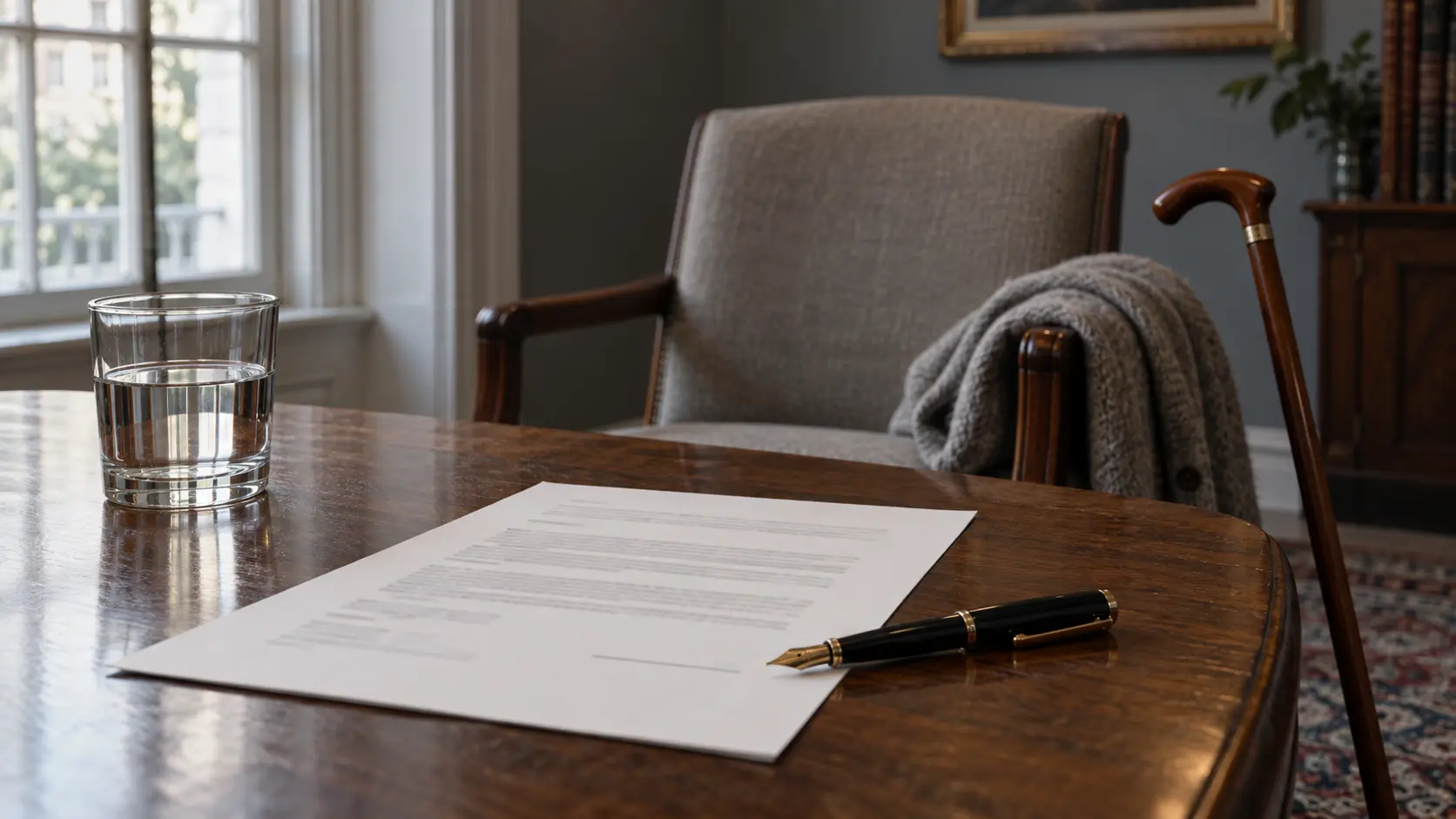 Document non signé et stylo sur une table de bureau, face à un fauteuil vide où reposent un gilet de laine et une canne.
