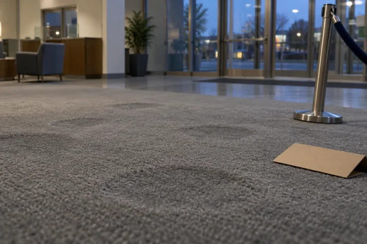 Hall de banque vide après la fermeture, tapis marqué de traces circulaires et pancarte retournée