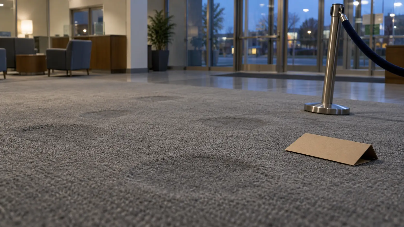 Hall de banque vide après la fermeture, tapis marqué de traces circulaires et pancarte retournée