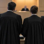 Deux avocats en toge, de dos, debout devant le banc d'un juge