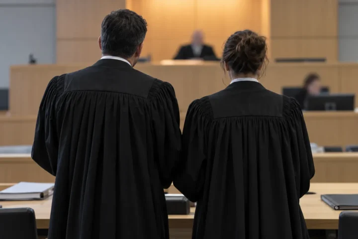 Deux avocats en toge, de dos, debout devant le banc d'un juge