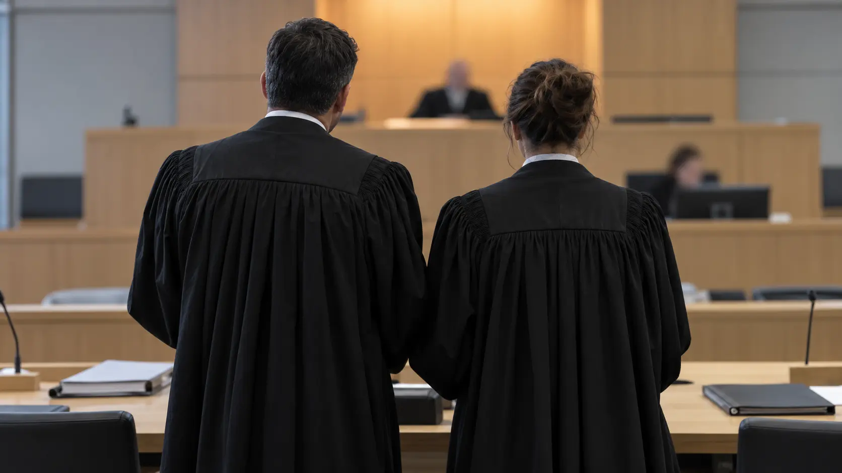 Deux avocats en toge, de dos, debout devant le banc d'un juge