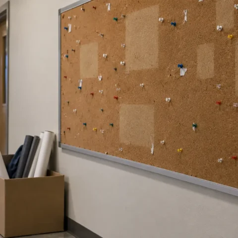 Babillard syndical vidé de ses avis, punaises nues, dans un couloir de bureau