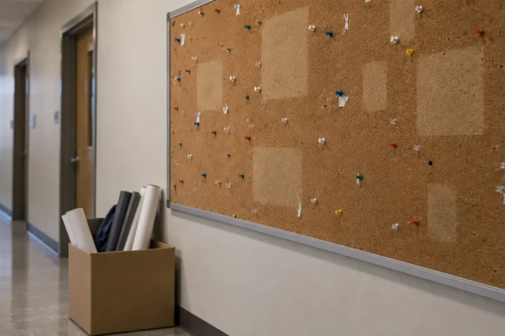 Babillard syndical vidé de ses avis, punaises nues, dans un couloir de bureau