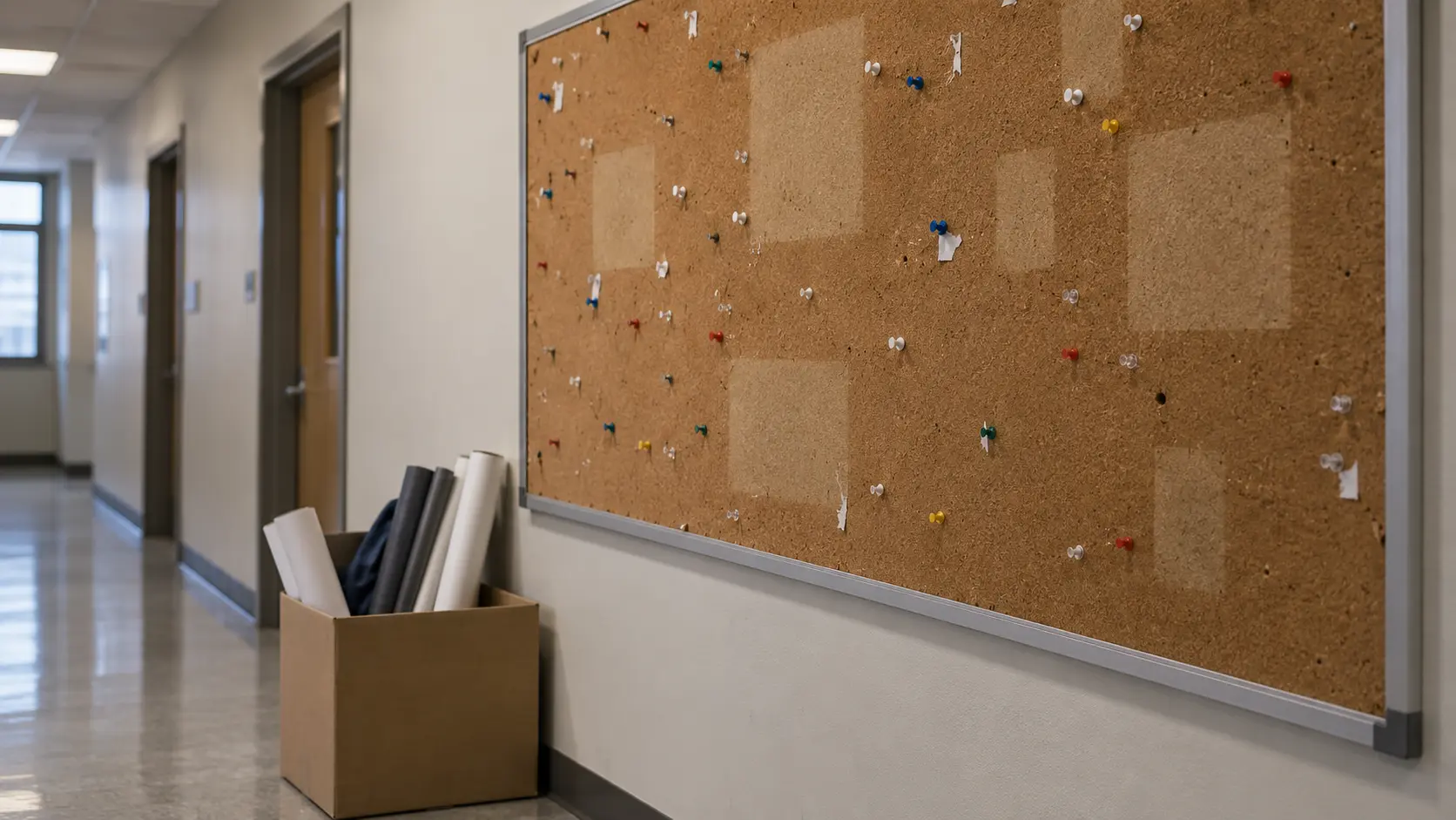 Babillard syndical vidé de ses avis, punaises nues, dans un couloir de bureau