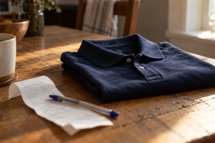 Polo marine plié sur une table de cuisine, à côté d'une facture et d'un stylo