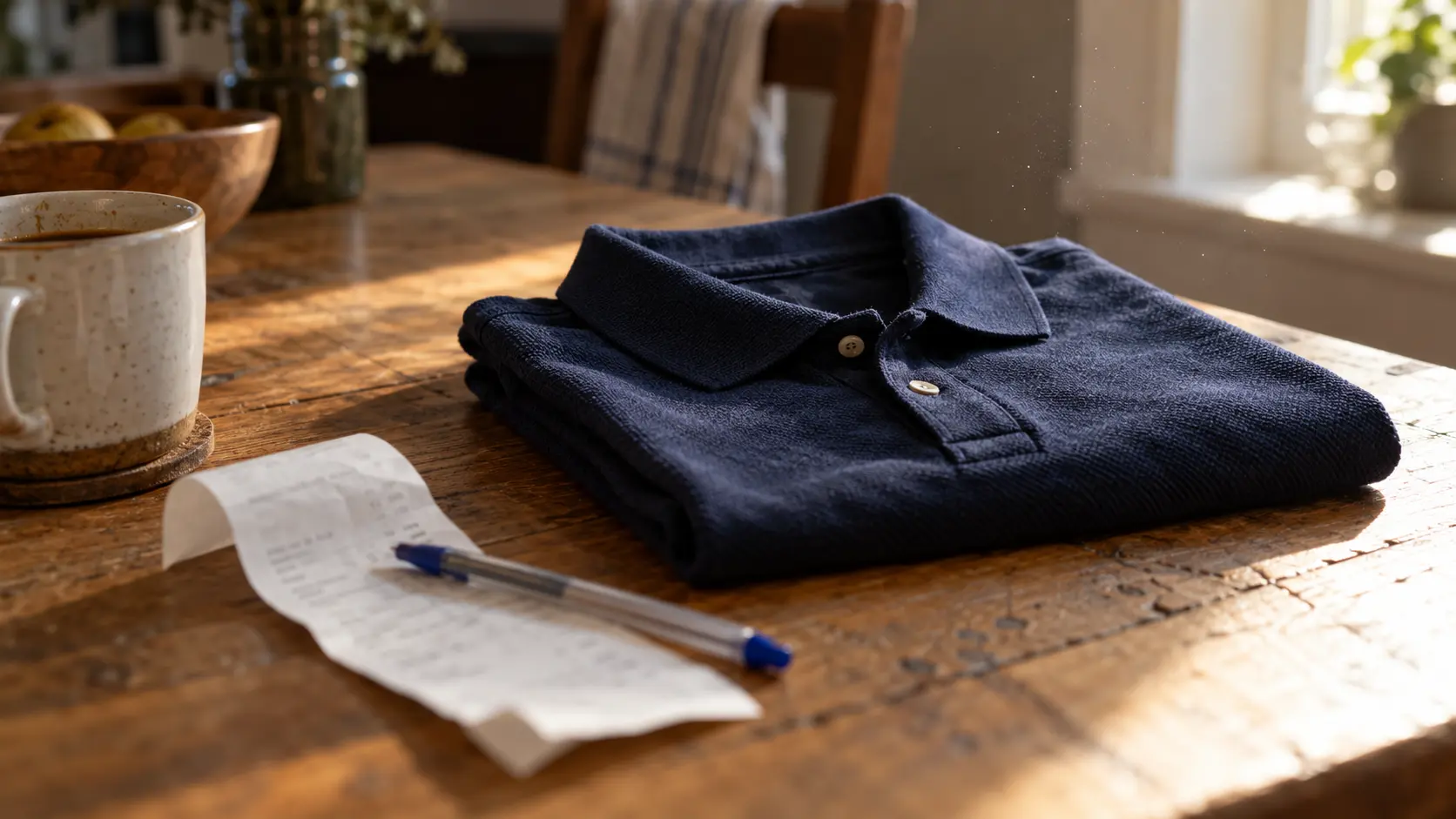 Polo marine plié sur une table de cuisine, à côté d'une facture et d'un stylo