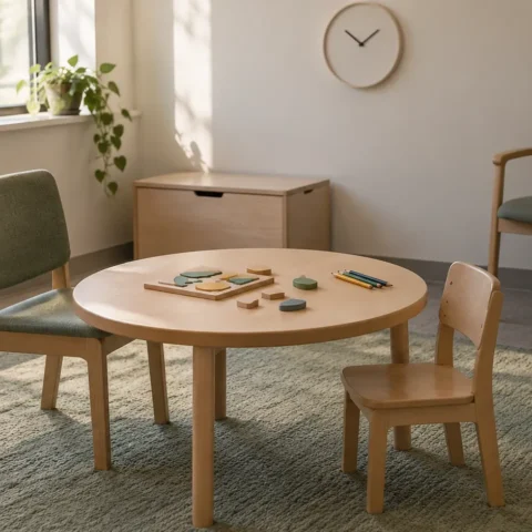 Une petite salle de visite avec une table, une chaise d'adulte, une chaise d'enfant et une chaise à l'écart.