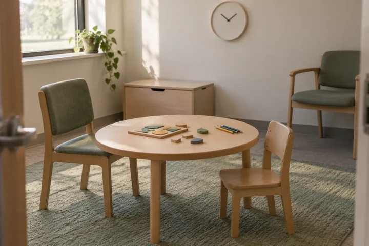 Une petite salle de visite avec une table, une chaise d'adulte, une chaise d'enfant et une chaise à l'écart.