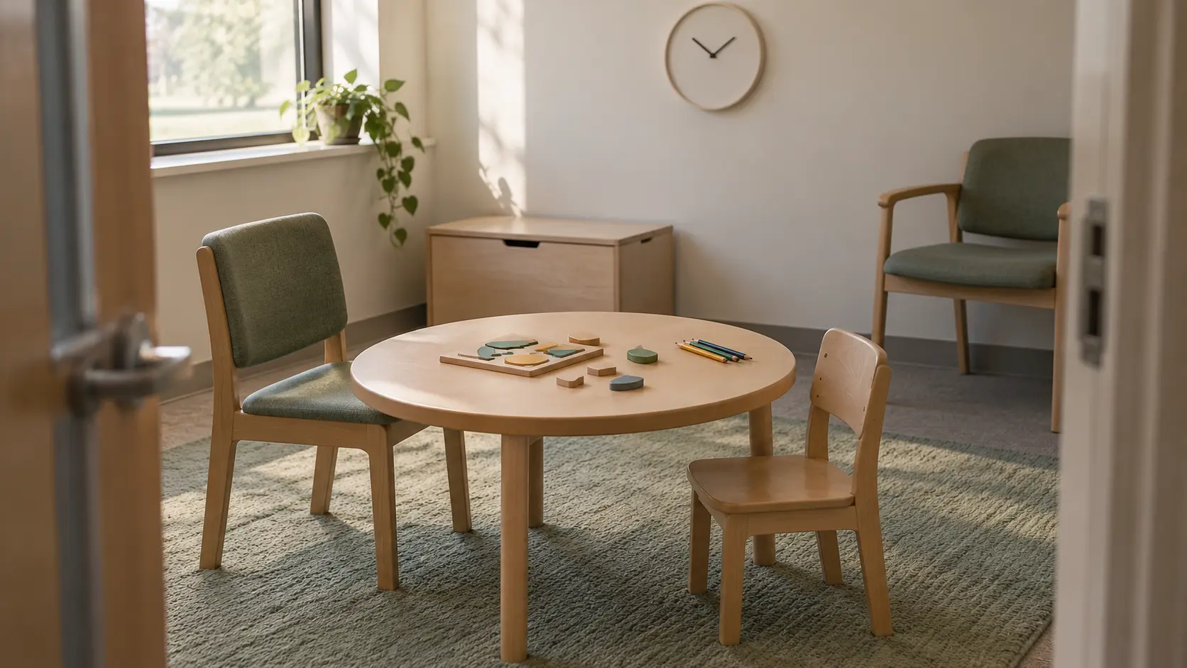 Une petite salle de visite avec une table, une chaise d'adulte, une chaise d'enfant et une chaise à l'écart.